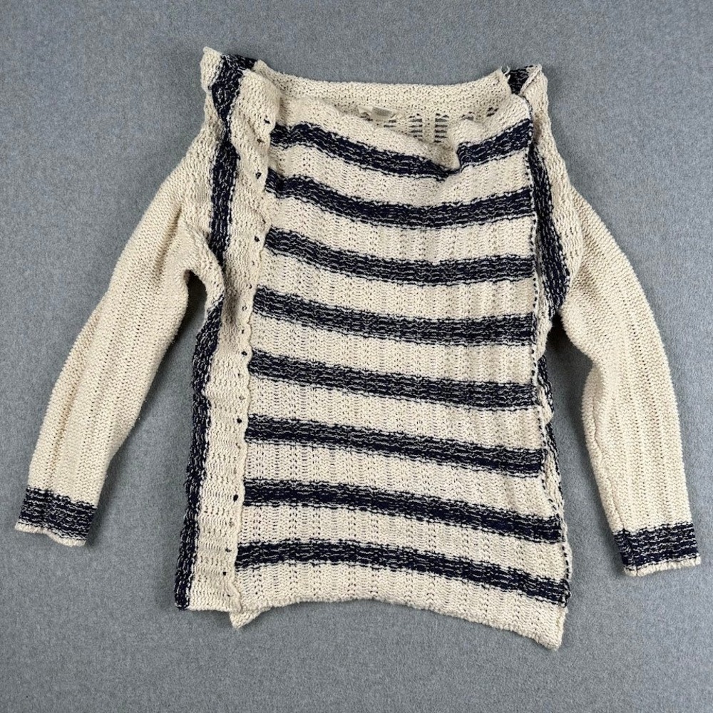 Lovestitch Women M Striped Open‎ Front Loose Crochet Knit Cardigan Cream Blue